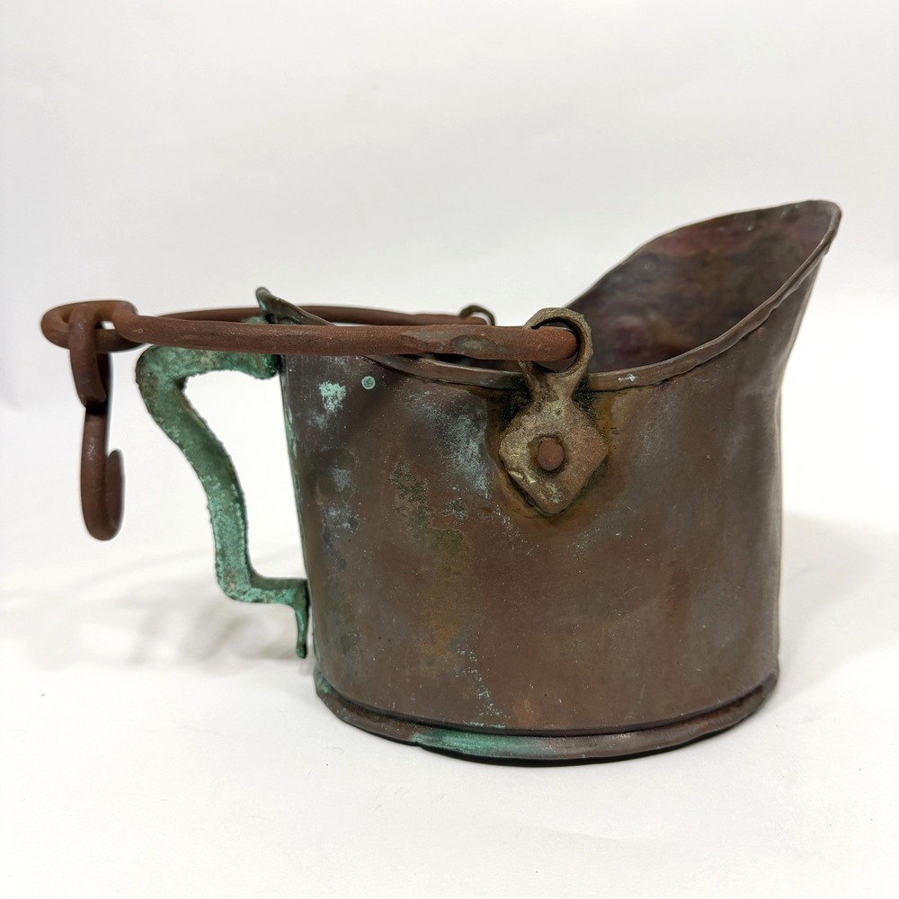 Vintage Copper Bucket Brass Swing Handle Coal Scuttle Fireplace Log Antique